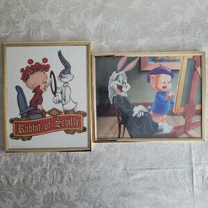 Lot of 2 WB Looney Tunes Bugs Bunny Elmer Fudd Porky Pig Wall Art Framed 1994